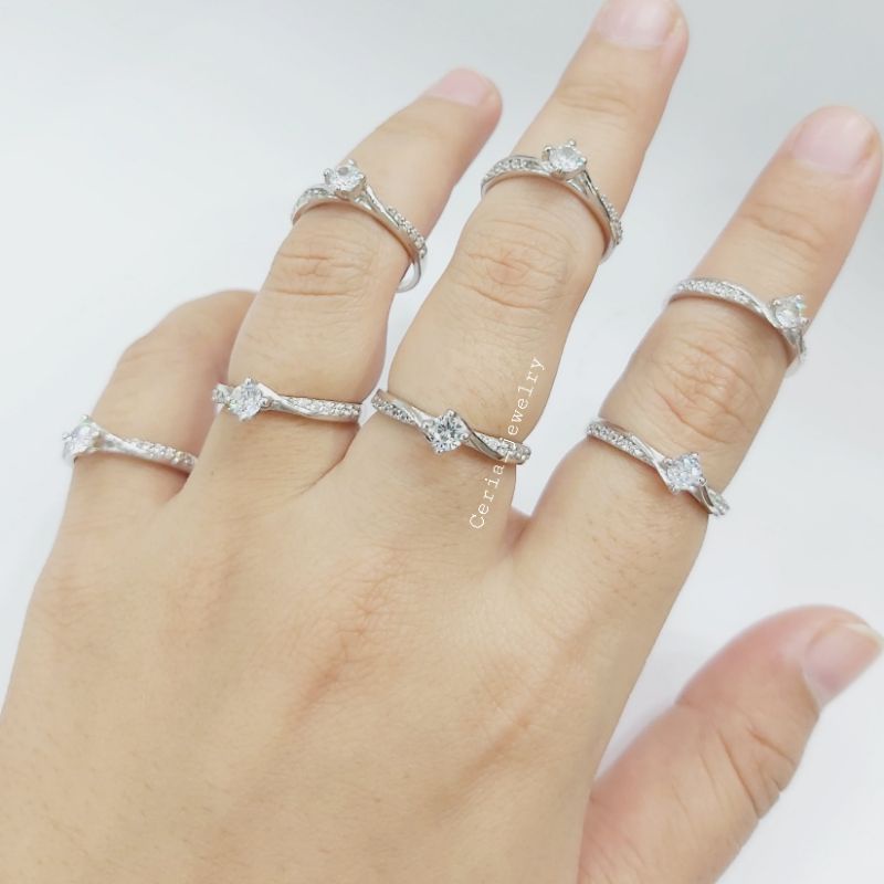 Cincin Perak Asli Silver Wanita 925 Lapis Emas Putih Model Soliter Diamoad- Perhiasan wanita