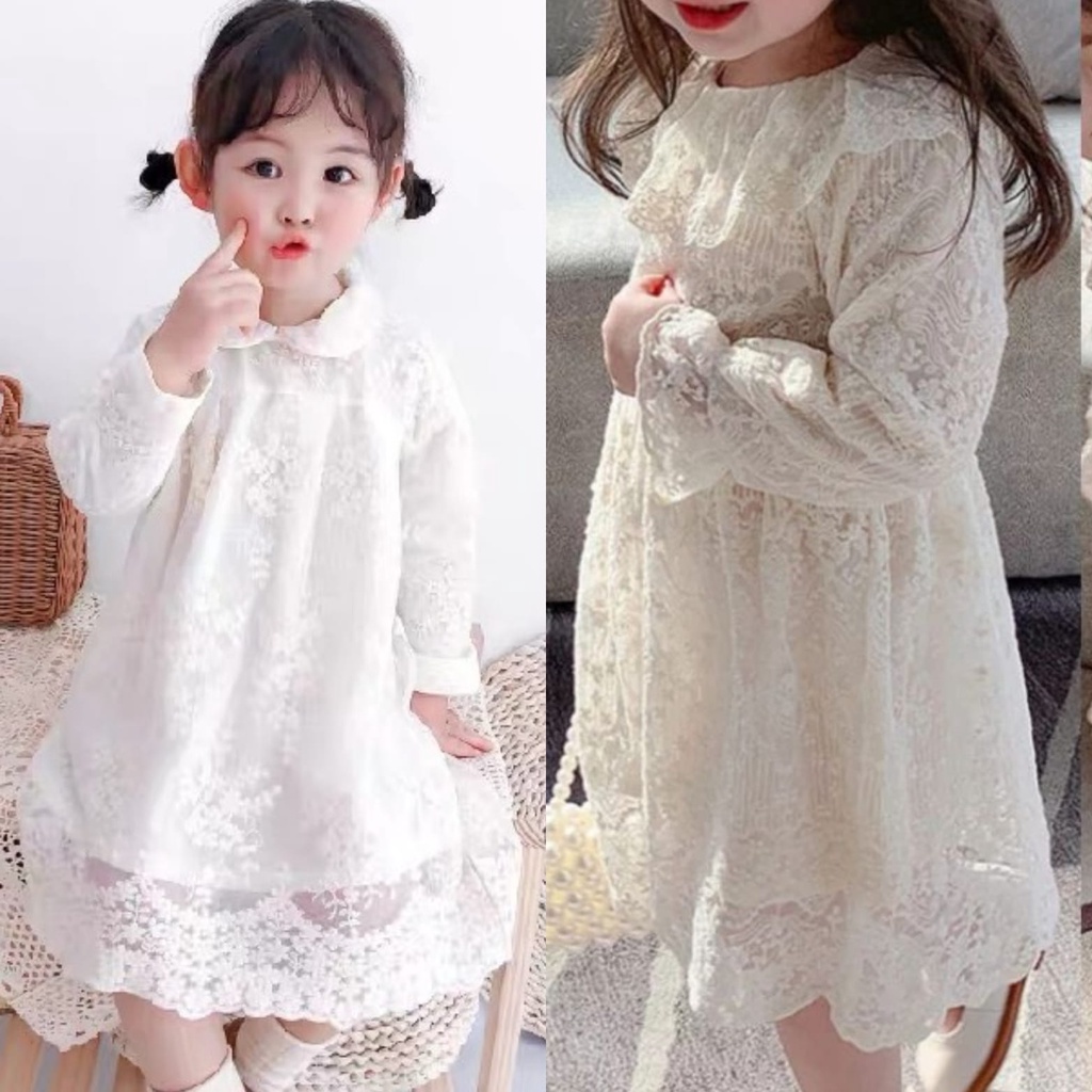 Dress brokat anak putih import gaun pesta brukat lengan panjang bayi 1th - 7th
