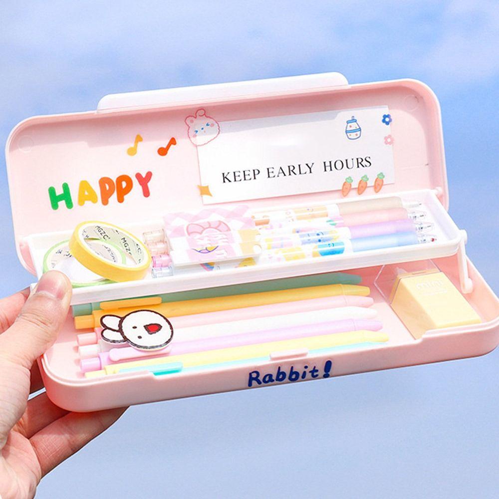 Top Cartoon Stationery Box Baru Kreatif Lapisan Ganda|Kotak Pen Cream