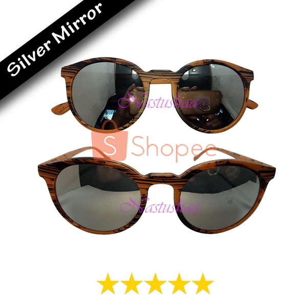 Kacamata Hitam Fashion Frame OvaL Plastik Motif Serat Kayu Coklat Kaca Mata Gaya Lensa Mirror Anti UV Pria dan Wanita Unisex FREECASE