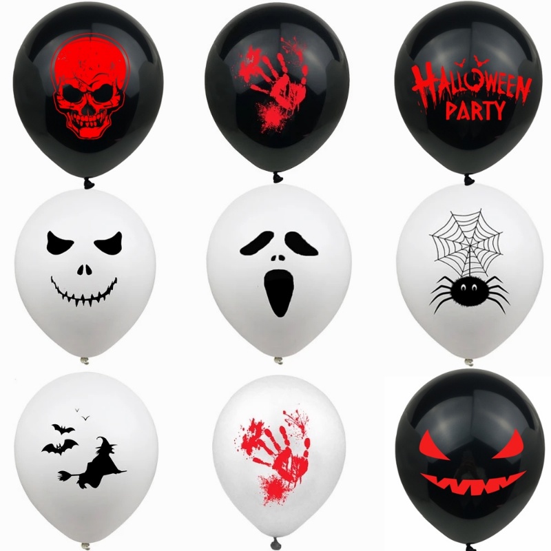 10pcs / set Balon Latex Tebal Motif Print Wajah Penyihir / Kelelawar / Laba-Laba 12 &quot;Untuk Dekorasi Halloween