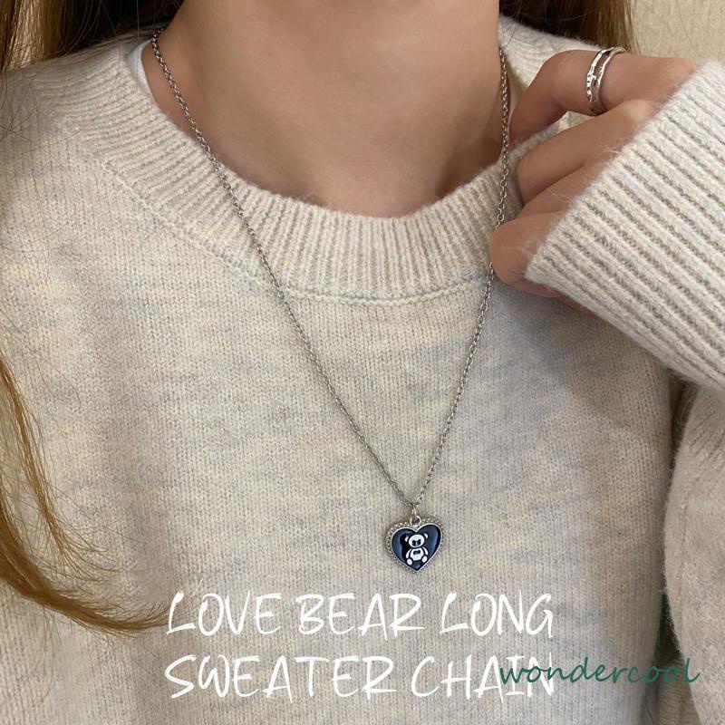 Love Bear Rantai Sweater Panjang Hip-Hop Sederhana Serbaguna Kalung Gelap Manis Keren untuk Wanita-Won