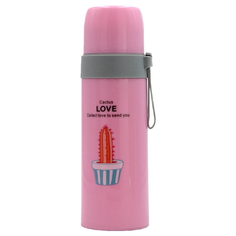 Botol Minum Termos Motif Kaktus Bahan Kaca 500ML pake Dus _PINK