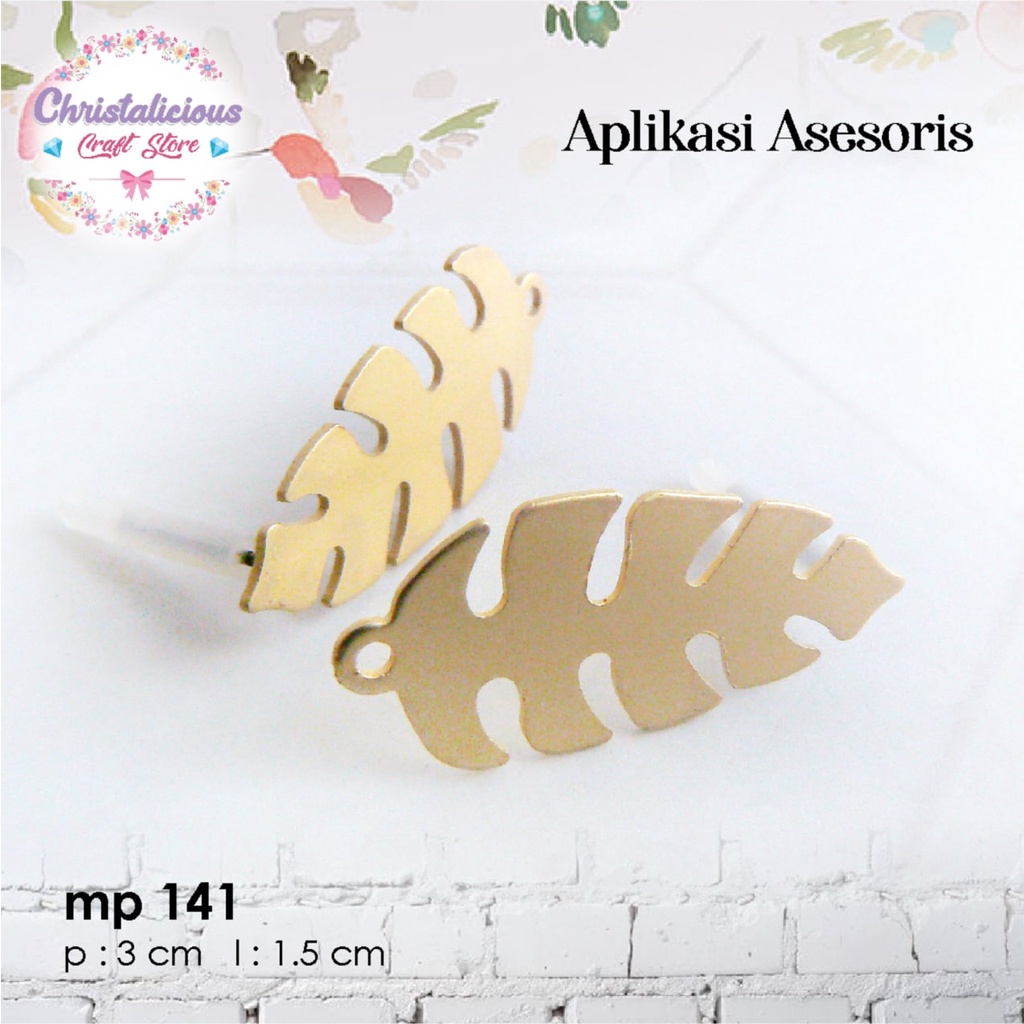 Anting tusuk import, anting daun lonjong bahan craft warna doff gold per pax isi 3 pasang