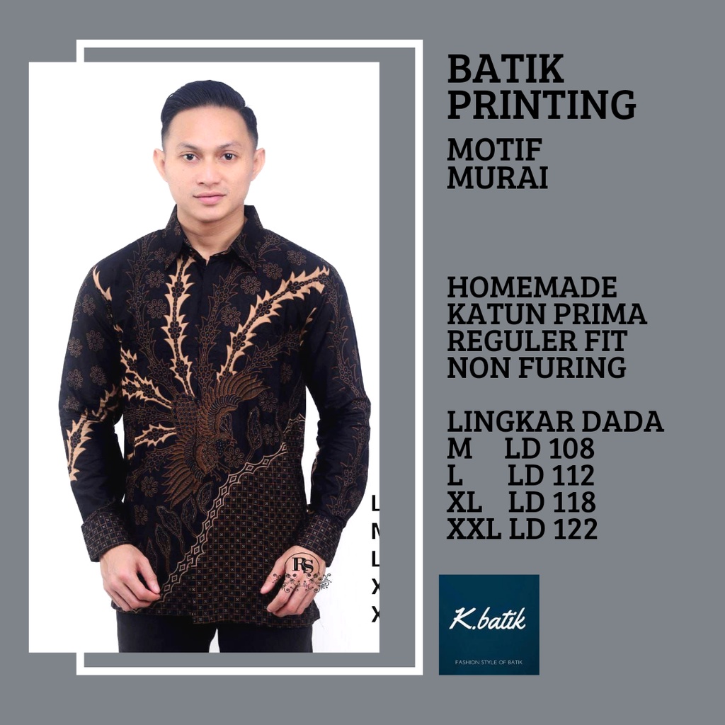 KEMEJA BATIK PRIA LENGAN PANJANG MOTIF MURAI HITAM BATIK MODERN BATIK SERAGAMAN KANTORAN BATIK PEKALONGAN BATIK KATUN