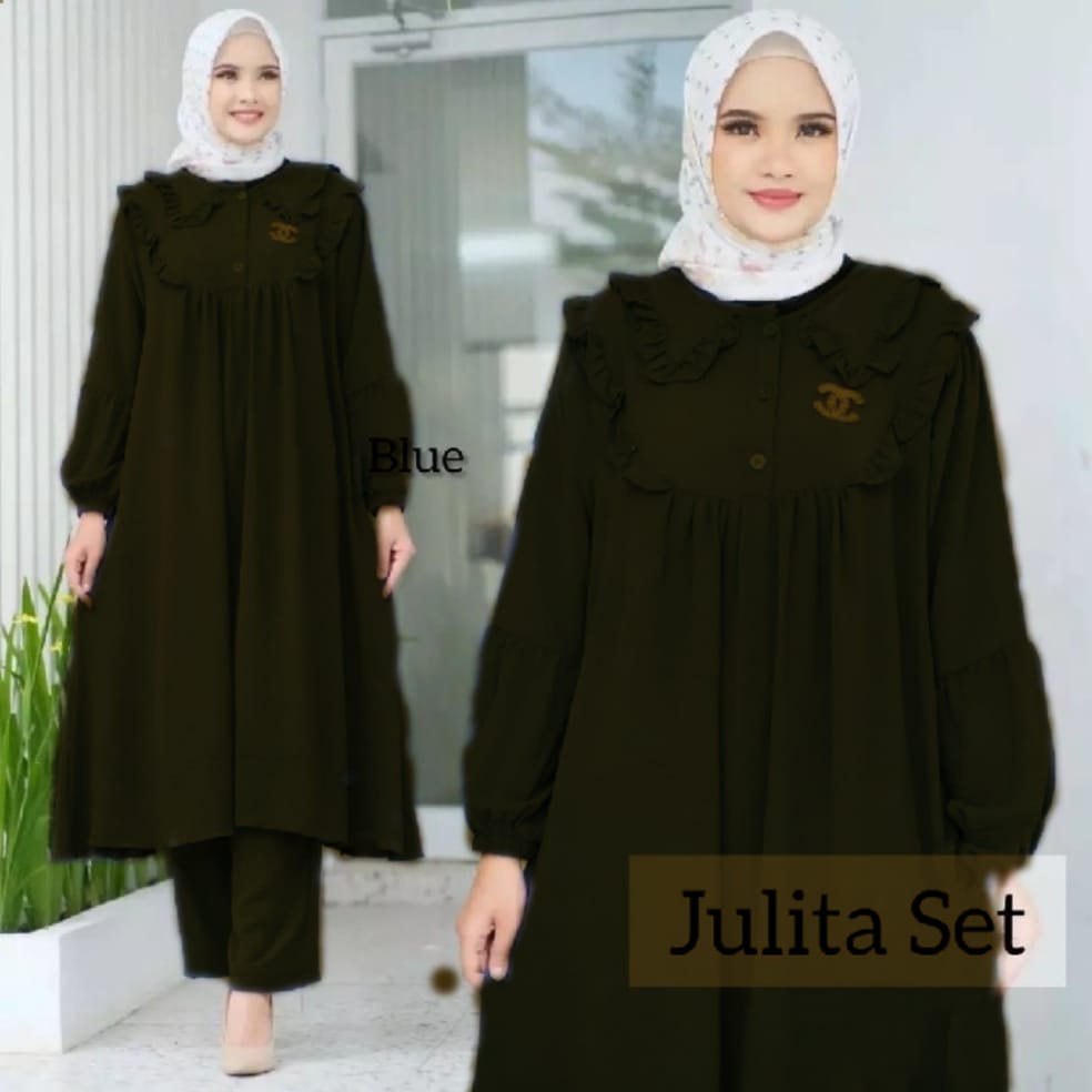 Julita Set Baju Wanita Setelan Jumbo Terbaru 2022/Setelan Muslim Wanita Terbaru Bahan Cringkle/Setelan Long Tunik Set/ Fashion Outfit set 2 In 1 Anti Kusut