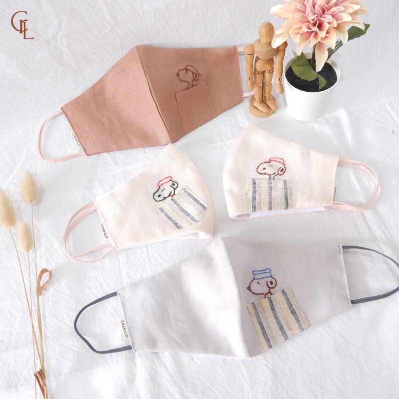 Masker Sulam Snoopy dan Kantong Kain Linen Charalo - Embroidery Mask