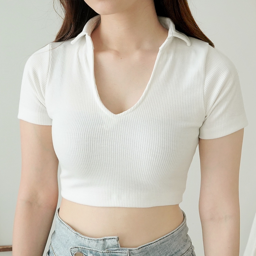 Crop Top Knit Baju Atasan Wanita Kaos Croptop V Neck 076