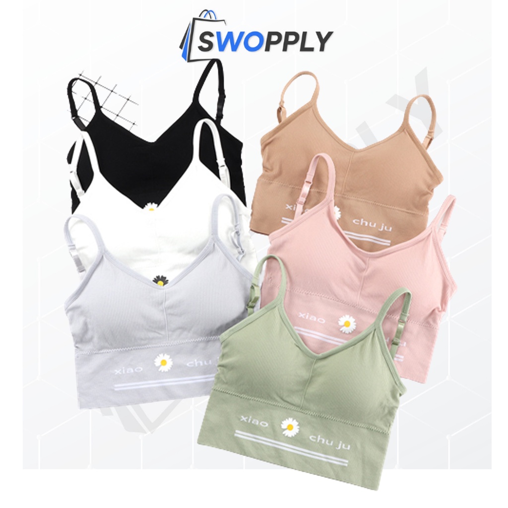 Swopply BRA534 Bra Tanpa Kawat Pakaian Dalam Wanita Polos Motif Bunga Tali Bra Olahraga Sportbra Gym