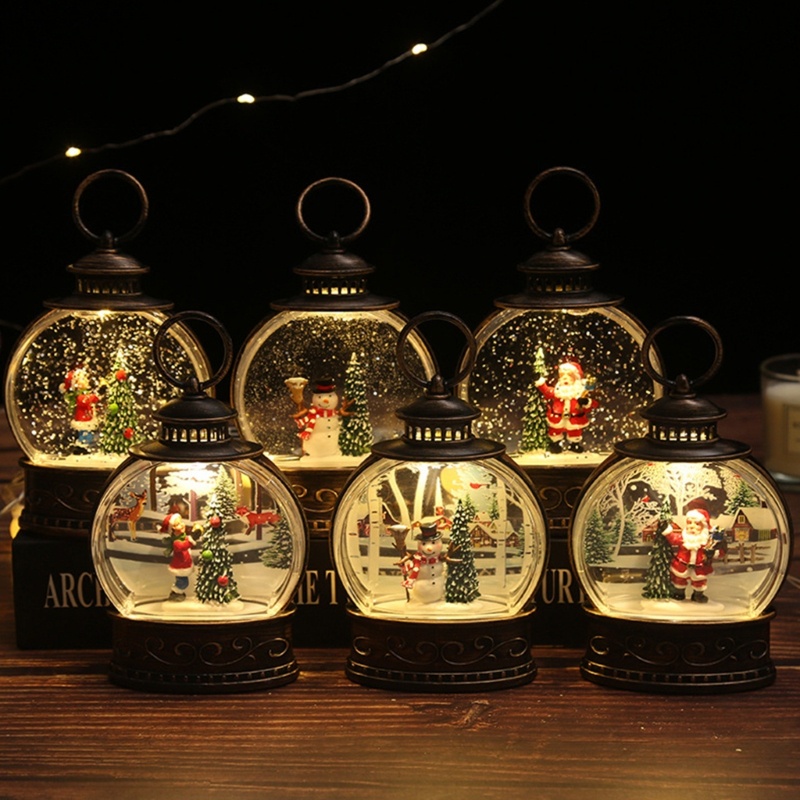 Lampu Lentera Tenaga Baterai Desain Snow Globe Santa Snowman Untuk Dekorasi Natal