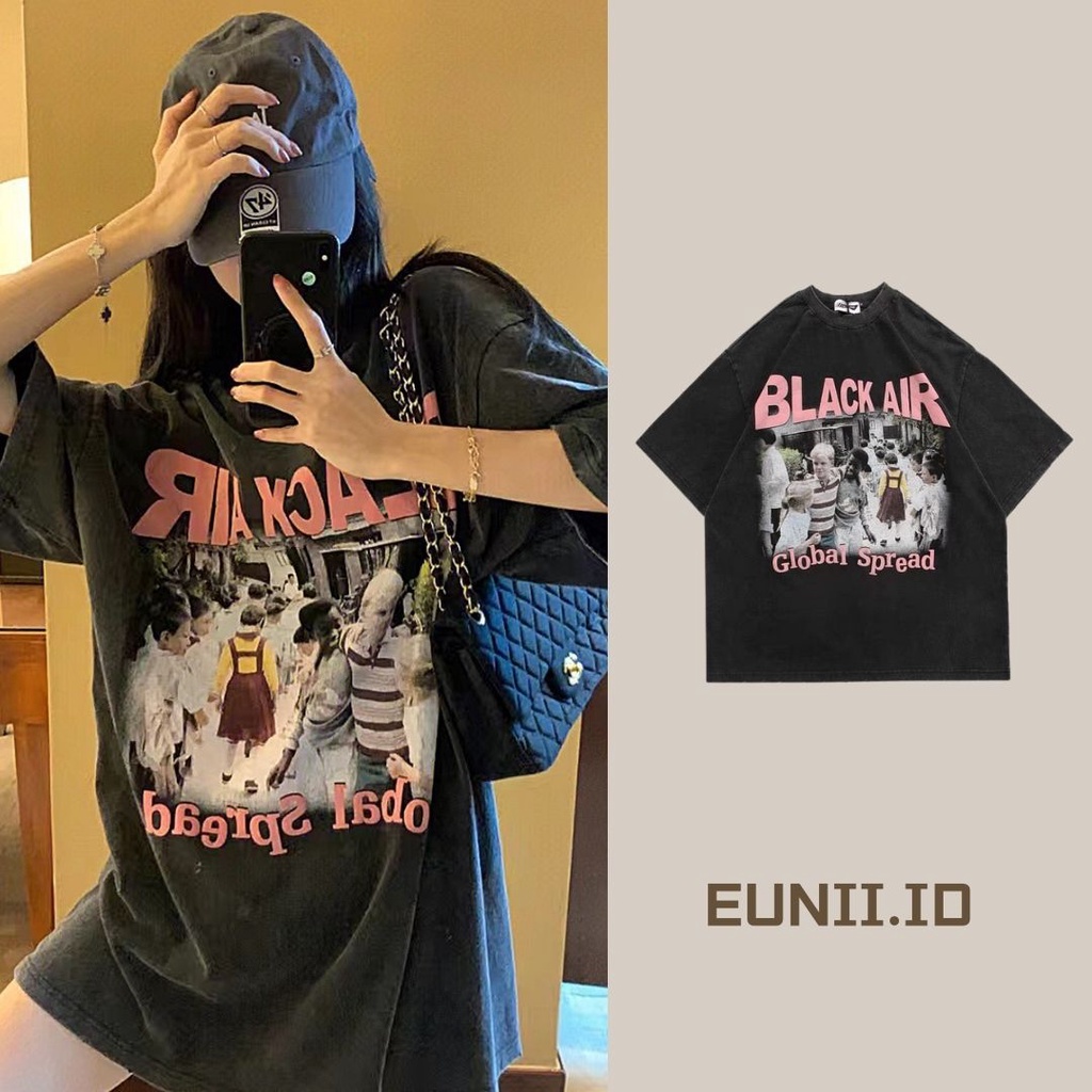 EUNII T-shirt Lengan Pendek Retro Washed Bahasa Inggris Pencetakan Longgar Korean Style/Kaos Atasan Wanita/Baju Kaus Oversize Wanita