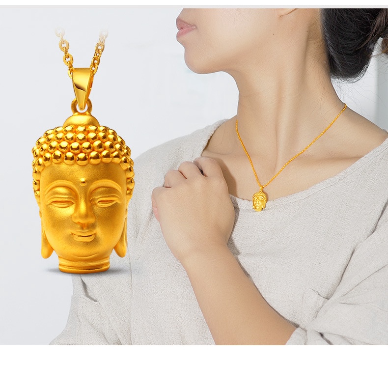 Kalung Emas Emas Asli Kadar 375Dengan Liontin Kepala Buddha 3D Untuk Pria Dan Wanita