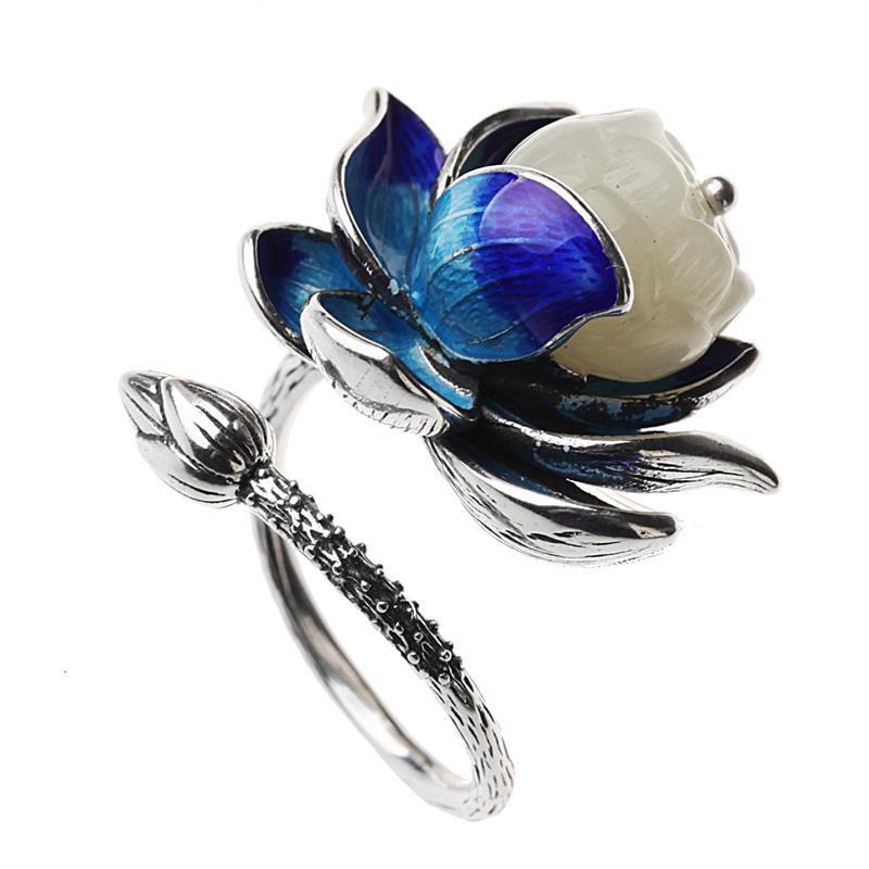 Cincin Adjustable Desain Lotus Biru Bahan Tembaga Warna Silver Untuk Wanita