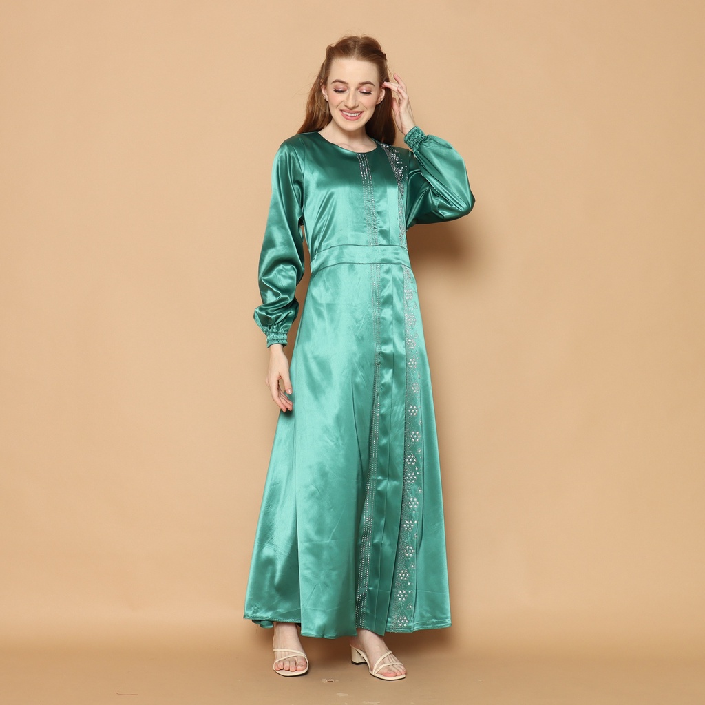 GAMIS SATIN SILK WARNA HIJAU / GAMIS PAYET MEWAH UNTUK PESTA / GAMIS WANITA MUSLIM