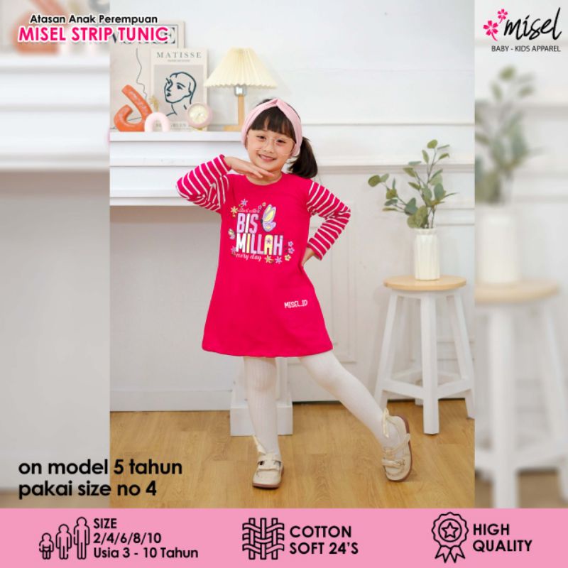 T'shirt Tunik Salur Anak Perempuan Tangan Panjang Motif Karakter Muslim usia 2-9 tahun