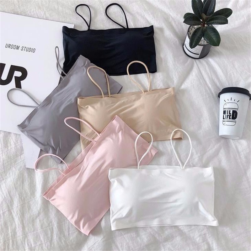 Bra Kemben Ice Silk BH Tanktop Bralette Seamless Atasan Wanita Tali Tanpa Kawat Tengtop Crop Top Import