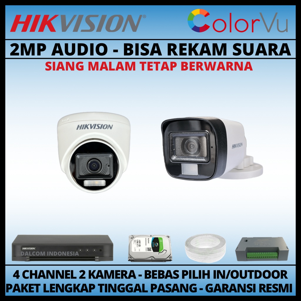 PAKET CCTV HIKVISION COLORVU 2MP 4 CHANNEL 2 KAMERA COLORFUL