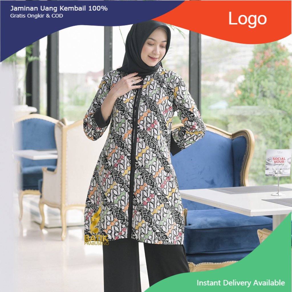 Atasan tradisional Batik Prabuseno motif Jasmin Tunik Batik Wanita Lengan Panjang Model kekinian stylish dan elegan cocok buat kerja ngantor dan kondangan