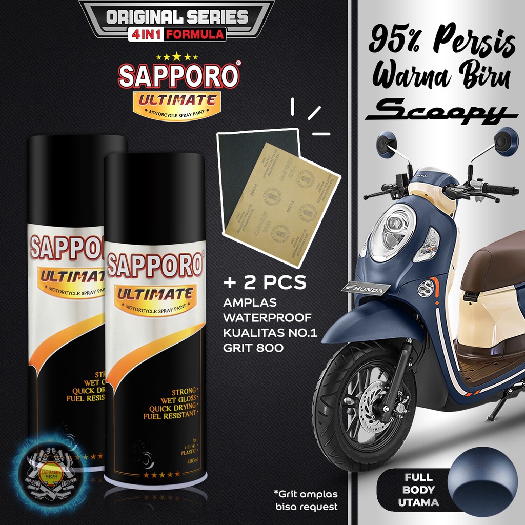 PAKET BIRU DOFF SCOOPY SAPPORO ULTIMATE 4 IN 1 OH03 FASHION MATTE BLUE HONDA ORIGINAL CAT SEMPROT 400 ML CAT BODY MOTOR AEROSOL PYLOX DOF METALLIC DOP METALIK BAWAAN PABRIK OH 03 PILOKS PILOX PILOK DITON PREMIUM SAPORO SAMURAI MEDAN BINJAI SUMATERA