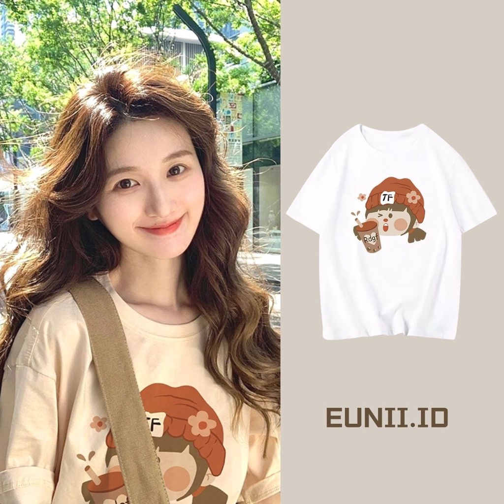 EUNII T-shirt Lengan Pendek Gadis Teh Susu Gaya Cetak Korean Style/Kaos Atasan Wanita/Baju Kaus Oversize Wanita