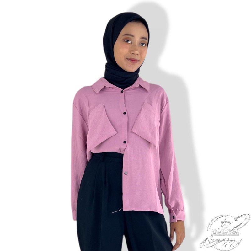 BLOUSE SAKU KEMEJA CRINCLE WANITA KEMEJA CRINKLE POLOS LENGAN PANJANG KEMEJA FORMAL KERJA