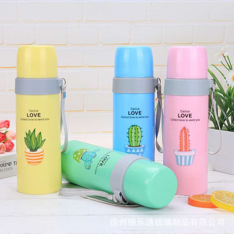 Botol Minum Termos Motif Kaktus Bahan Kaca 500ML pake Dus _PINK