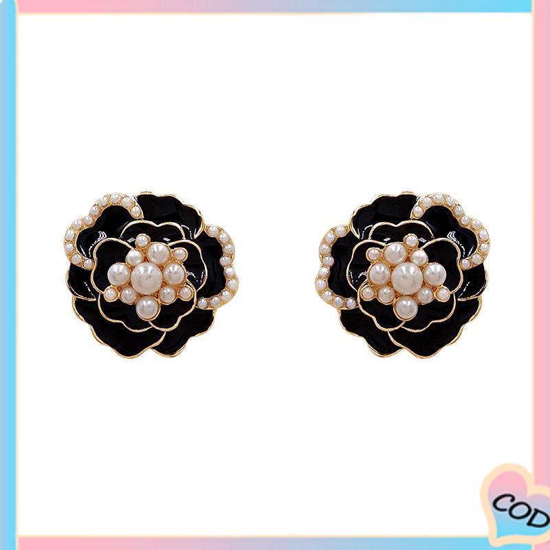 COD❤️925 anting-anting mutiara Camellia Retro anting-anting bunga berlian-A.one