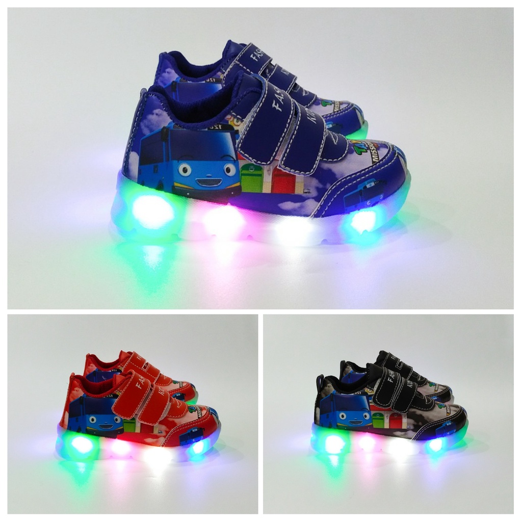 Sepatu LED Tayo Anak Laki-Laki Hitam Merah Biru/ Sepatu Sneakers Strap2 Anak 123456 Tahun Nyala Litt