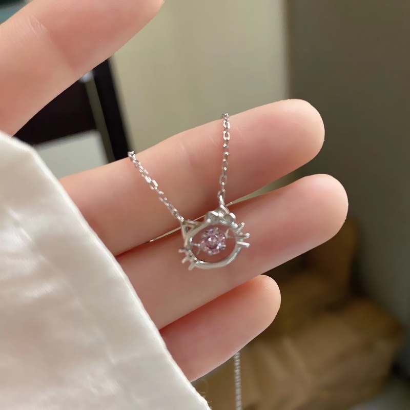 Roselife Kalung Rantai Silver Liontin Hati / Kucing Hias Kristal Pink Gaya Korea Untuk Wanita