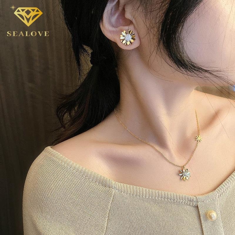 SEALOVE 18K Emas Daisy Stud Earrings Wanita Titanium Anting-Anting Anti Karat Korea Hadiah Fashion Perhiasan