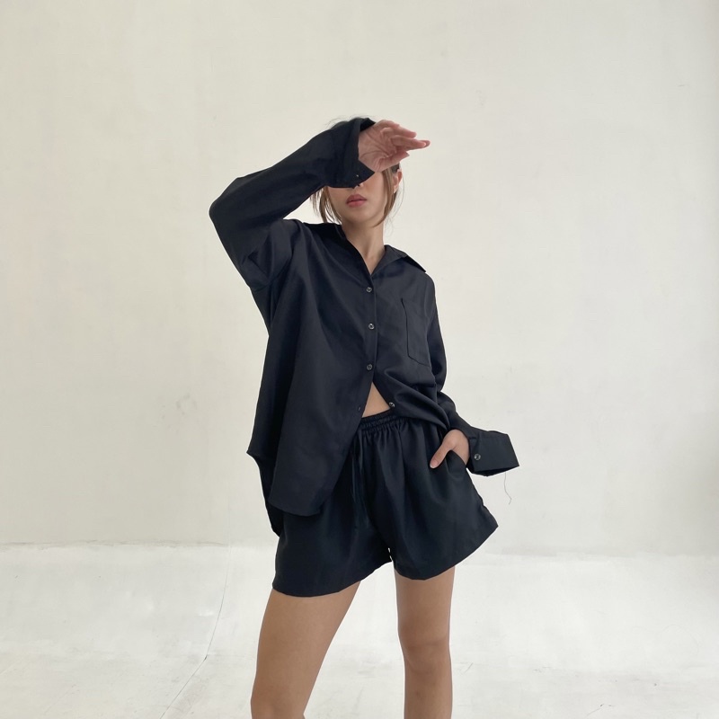 BLANC SET | Set Kemeja Wanita Panjang Setelan Celana Pendek Highwaist Short Oversized Korean Outer Shirt