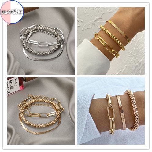 3pcsset Gelang Tangan Rantai Tebal Banyak Lapis Gaya Bohemian Vintage Untuk Wanita