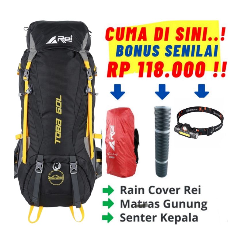 PAKET Tas Gunung Carrier Rei 60 Liter / Arei Toba 60 Liter / CARRIER Rei Toba 60L / Tas Gunung AREI 