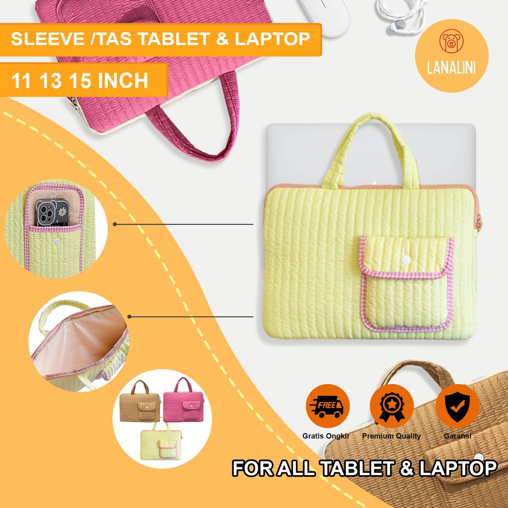 Sleeve Pouch Sarung Tas Pillow Bag Case Ipad Tab Tablet Macbook Air Pro Laptop Asus Acer Lenovo HP Huawei 11 12 13 14 15 inch Motif Polos Aesthetic Warna Pink Kuning Coklat Yellow Brown Lucu Cute Murah Korean Model Tali Jinjing Puffy Kuliah Sekolah Kerja