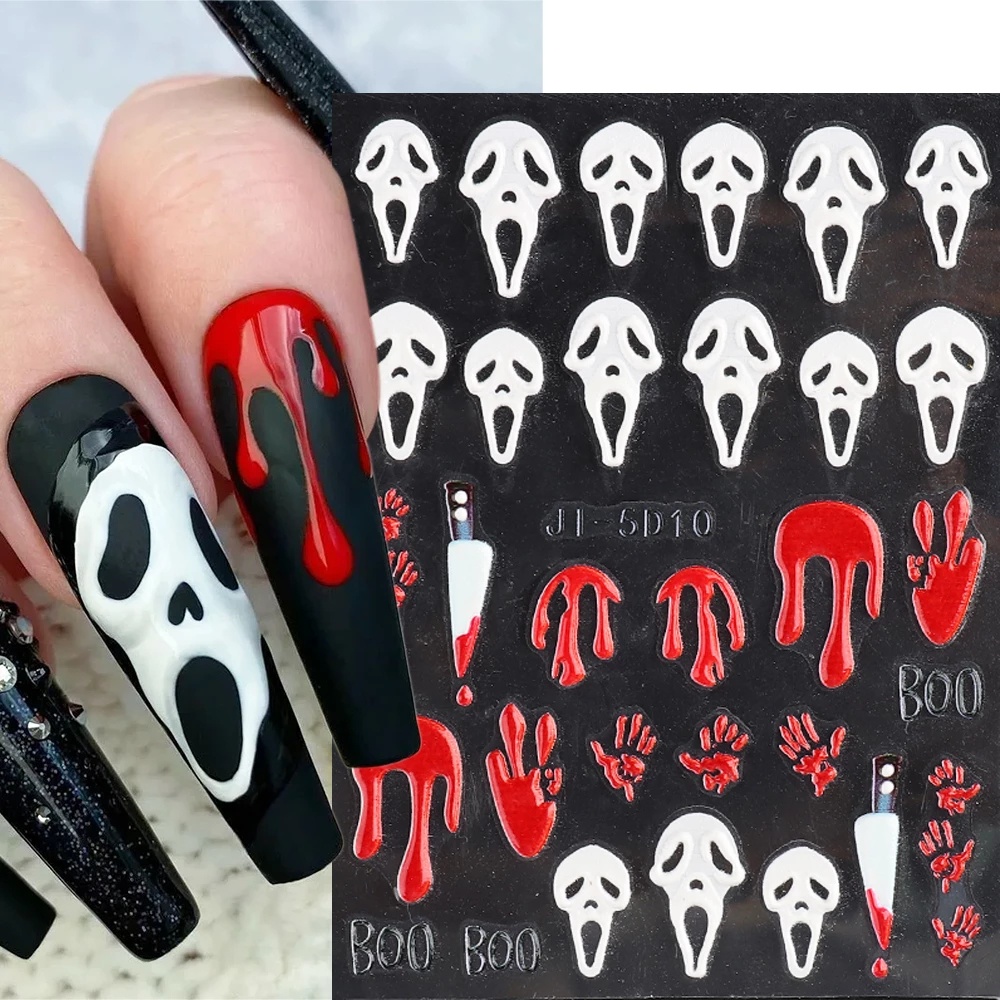 1 Lembar Stiker Kuku Motif Tengkorak Darah 5D Transfer Air Untuk Dekorasi Manicure