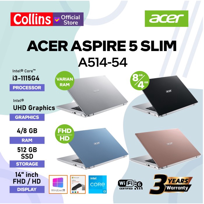 {MahesStore} ACER ASPIRE 5 SLIM A514-54 - i3-1115G4 DDR4 4GB/8GB 512GB 14 W10 OHS - RAM 4GB - HD Dis