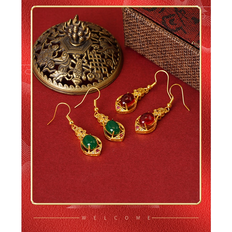 Goldkingdom Perhiasan Fashion 24K Bangkok Aksesoris Ready Stock Lapis Emas Asli Kadar 375 Panjang Rumbai Micro Set Emerald Ruby Elegan Drop Earrings Untuk Wanita