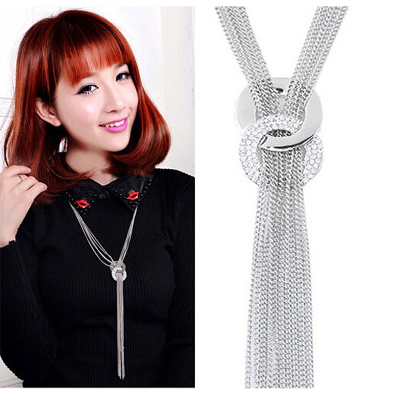 Kalung Rantai Rumbai Panjang Bentuk Bulat Warna Emas Silver