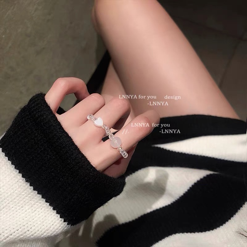 YEEZII 2pcs / Set Cincin Manik-Manik Opal Bentuk Hati Untuk Wanita