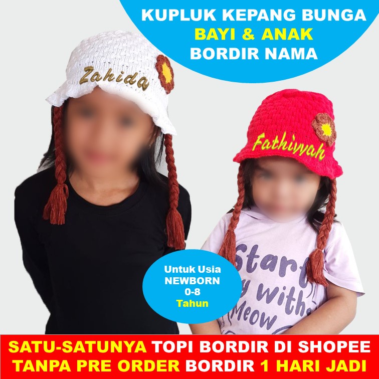 Kupluk Kepang Anak Bayi Wig GRATIS BORDIR NAMA Kepang Bunga