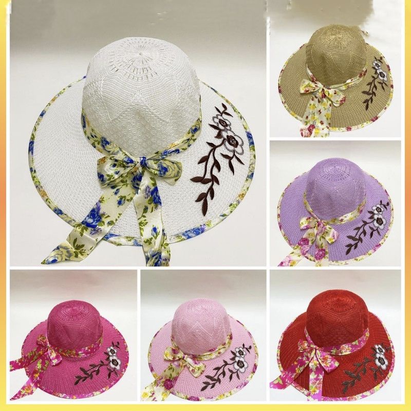 Topi pantai wanita pita bunga import Topi pantai pita lebar