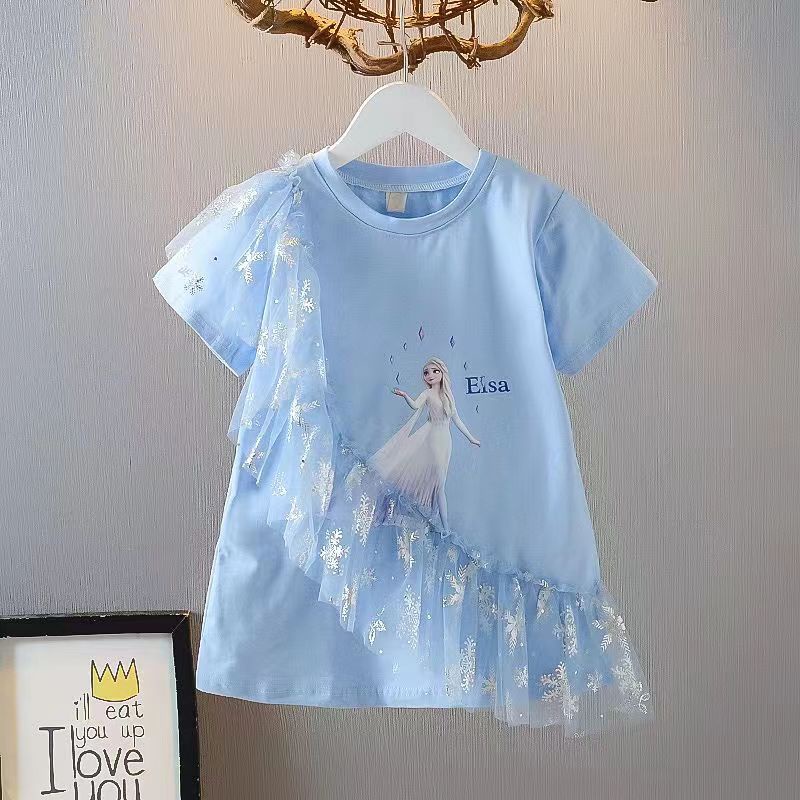 [PRINCESS KESLI] SIZE(90-140)Dress Anak Perempuan Elsa Lengan Pendek T-Shirt Dress/1-9 Tahun Baju Kaos anak cewek