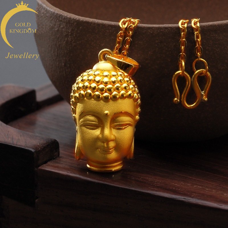 Kalung Emas Emas Asli Kadar 375Dengan Liontin Kepala Buddha 3D Untuk Pria Dan Wanita