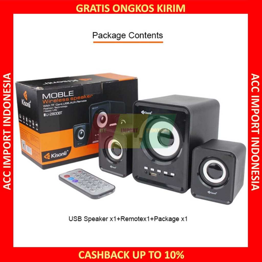 Kisonli Speaker Aktif Mobile Laptop PC Bluetooth Bass Stereo FM Radio