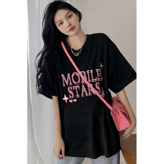 EUNII T-shirt Lengan Pendek Dasi Kupu-kupu Pencetakan Longgar Korean Style /Kaos Atasan Wanita/Baju Kaus Oversize Wanita