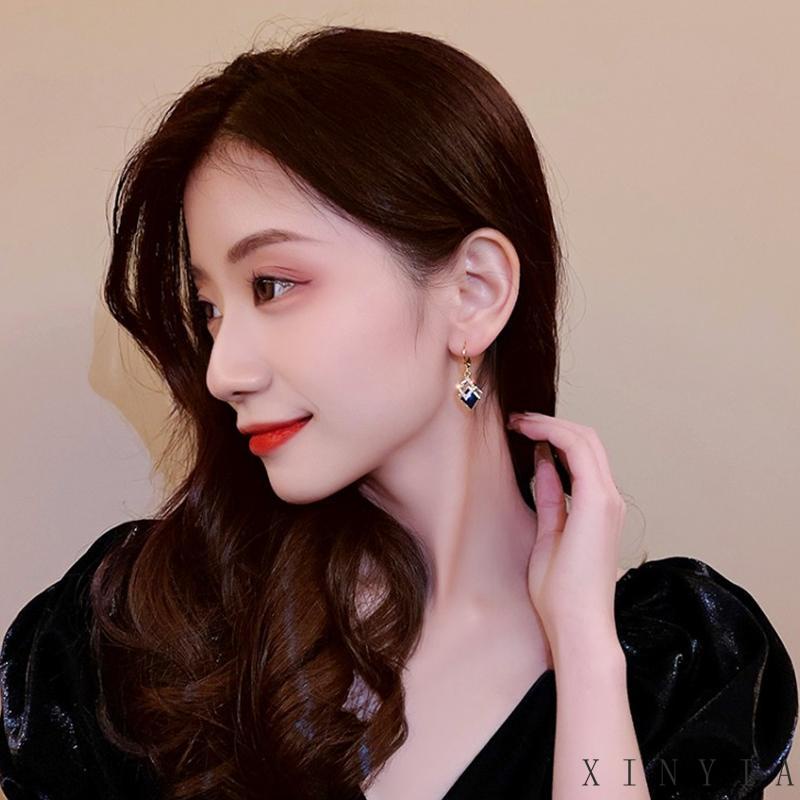 【Bayar di tempat】Anting Berlian Imitasi Bentuk Double Diamond Warna Hitam Untuk Pernikahan