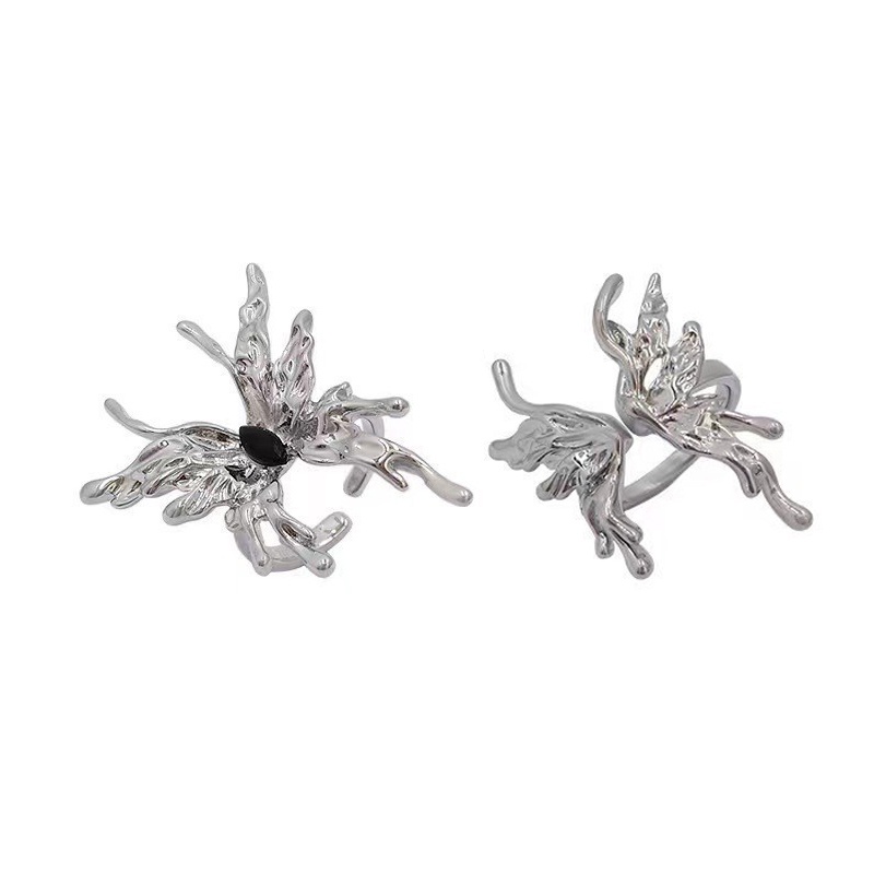 YEEZII Butterfly Cincin Silver Model Kupu-Kupu Dengan Permata Hitam Untuk Wanita