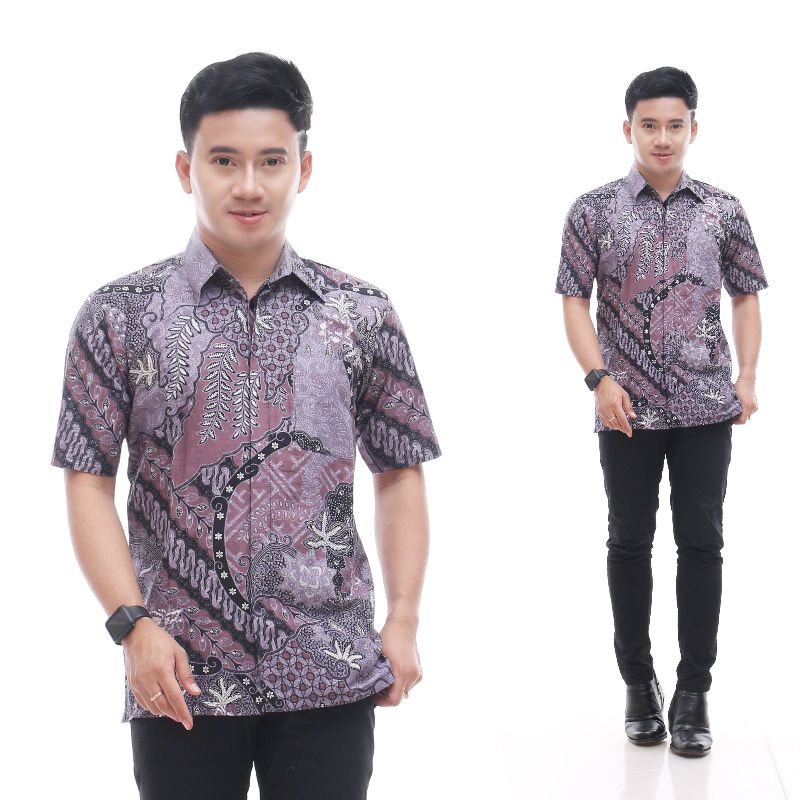 BSWART Batik JUMBO HRB026 Kenongo Hem Pendek Padi Pekalongan M L XL Batik Pria MURAH Modern Grosir