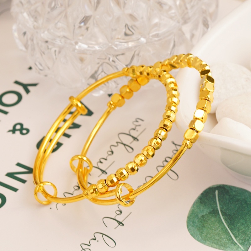 Goldkingdom Perhiasan Fashion 24K Bangkok Aksesoris Ready Stock Klasik Push Pull Gelang Manik-Manik Laser Beads Emas Asli Kadar 375 Kecil Nugget Gelang Minimalis Wanita