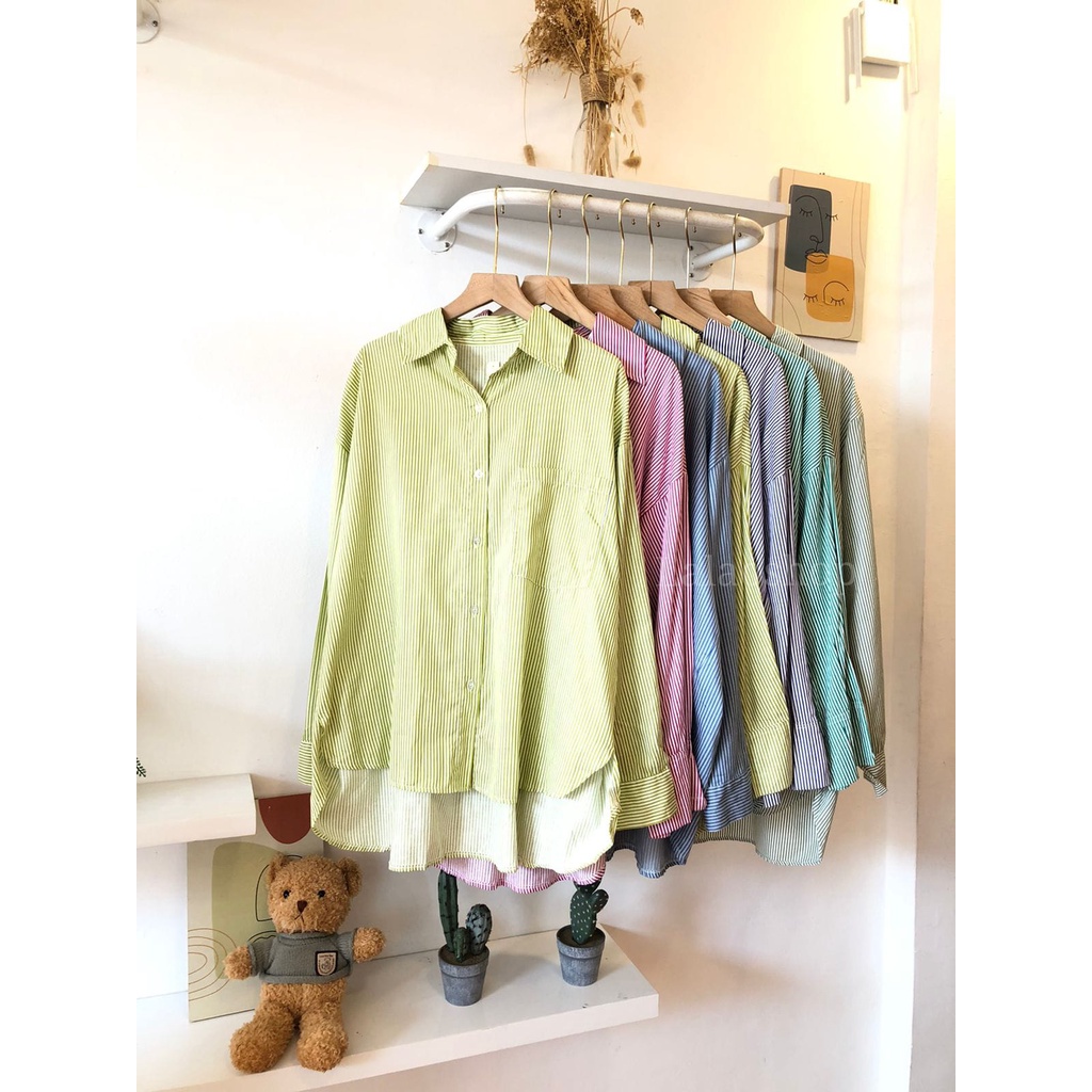 Misca Stripe Shirt Kemeja Garis Premium Oversize Kancing kantong Kerja Kuliah hangout outer best seller